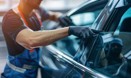 Male auto specialist worker hand rolling car window film on front windscreen glass surface. Car side window film removal and tinting installation.